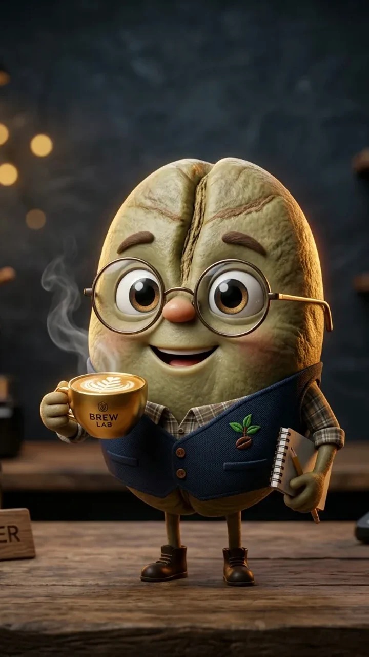 The GoldPool Brew Master, a bean character in glasses holding a Brew Lab cup